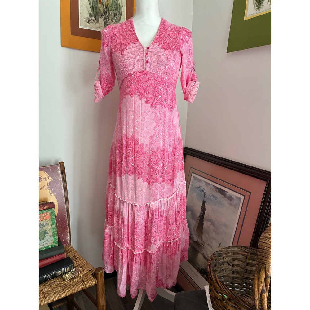 Pink Paisley Maxi Dress Women Pink Smocked Tiered Boho Mandala